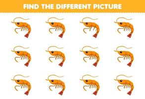 jogo de educação para crianças encontre a imagem diferente da planilha subaquática imprimível de camarão bonito dos desenhos animados vetor
