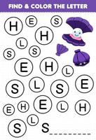 jogo educacional para crianças encontrar e colorir letras para planilha subaquática imprimível vetor