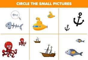 jogo de educação para crianças, circule a pequena imagem de desenho animado bonito, osso de peixe, âncora submarina, polvo, navio naufragado, planilha subaquática imprimível vetor