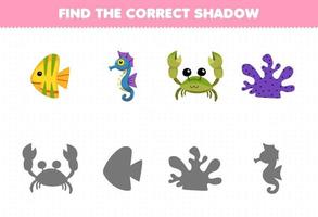 jogo educacional para crianças encontre o conjunto de sombras correto de peixes bonitos dos desenhos animados, cavalo marinho, caranguejo, coral, planilha subaquática imprimível vetor
