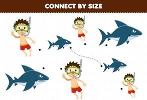 jogo educacional para crianças conecte pelo tamanho de um mergulhador de desenho animado fofo e planilha subaquática imprimível de tubarão vetor