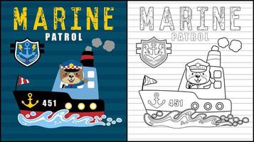livro de colorir de gato engraçado em uniforme de capitão em um barco