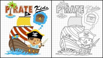 livro de colorir de um menino fantasiado de pirata segurando espada com papagaio em veleiro vetor