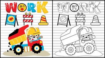 livro de colorir de gato fofo no caminhão, desenho animado de elemento de construção vetor