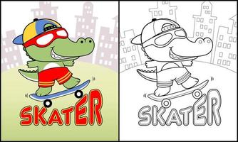 livro de colorir de crocodilo jogando skate no fundo de edifícios vetor