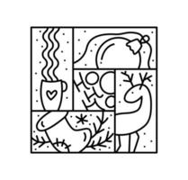 floco de neve de composição de advento de logotipo de natal, veado, xícara de café e brinquedos de abeto. construtor de vetor de inverno monolinha desenhado à mão em moldura quadrada para cartão de felicitações