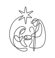 vetor presépio religioso cristão de natal do bebê jesus com maria e josé e estrela belém em quadro redondo uma linha. esboço de ilustração do ícone do logotipo. rabisco desenhado à mão com monolinha preta