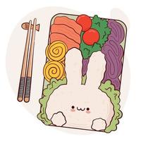 desenhe engraçado kawaii bento box ilustração vetorial de preparação de refeição para viagem em casa. comida tradicional asiática japonesa, culinária, conceito de menu. doodle estilo cartoon vetor