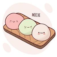 desenhar engraçado kawaii japão tradição doce mochi ilustração vetorial. comida tradicional asiática japonesa, culinária, conceito de menu. estilo cartoon doodle. vetor