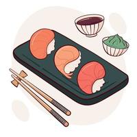 desenhar ilustração vetorial de peixe cru sashimi nigiri. comida tradicional asiática japonesa, culinária, conceito de menu. estilo cartoon doodle. vetor