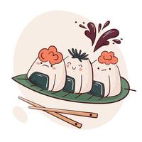 desenhar engraçado kawaii japonês onigiri bolas de arroz com ilustração vetorial nori. comida asiática japonesa, culinária, conceito de menu. estilo cartoon doodle. vetor