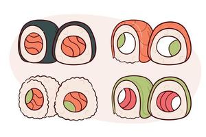desenhar ilustração vetorial de rolo de sushi. comida tradicional asiática japonesa, culinária, conceito de menu. estilo cartoon doodle. vetor