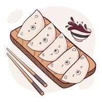 desenhar bolinhos kawaii engraçados com ilustração vetorial de rostos. comida tradicional asiática, culinária, conceito de menu. estilo de desenho animado doodle. vetor