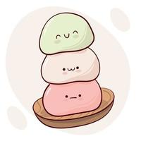 desenhar engraçado kawaii japão tradição doce mochi ilustração vetorial. comida tradicional asiática japonesa, culinária, conceito de menu. estilo cartoon doodle. vetor