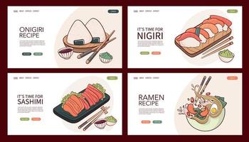 página da web desenhar sashimi, nigiri, onigiri, ilustração vetorial de ramen. comida tradicional asiática japonesa, culinária, conceito de menu. banner, site, publicidade no estilo cartoon doodle. vetor