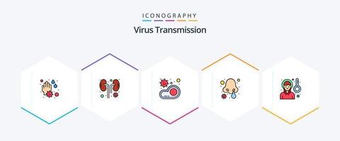 transmissão de vírus 25 pacote de ícones de linha preenchida, incluindo dor de cabeça. infecção nasal. bactérias. infecção nasal. frio vetor