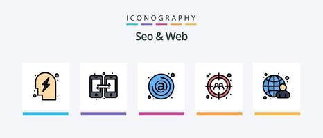 SEO e linha da web preencheram o pacote de 5 ícones, incluindo global. o negócio. Arquivo. página da web. seo. design de ícones criativos vetor