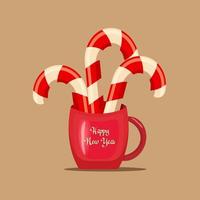 pirulitos de natal em um copo vermelho. decorações festivas e itens para qualquer ano novo e decoração de fundo de natal vetor