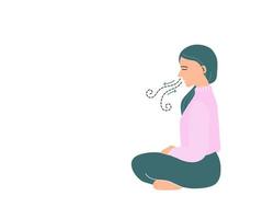 isolado de uma mulher meditando e ilustração vetorial de exercícios respiratórios em estilo simples. vetor
