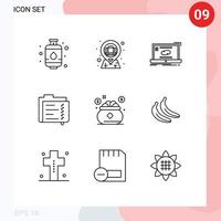 pacote de 9 sinais e símbolos de contornos modernos para mídia impressa na web, como arquivos de documento de conexão de seguro, elementos de design de vetores editáveis