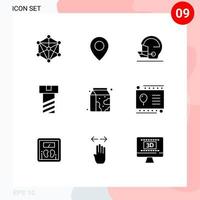 9 conceito de glifo sólido para sites móveis e aplicativos, cartão-presente, bebida de segurança de leite, porca, elementos de design vetorial editáveis vetor