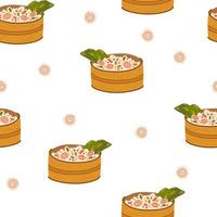 cutucar o padrão sem emenda da tigela. fundo de comida asiática. poke bowl com arroz, ovo, carne, peixe, camarão e alga. perfeito para café de restaurante e menus de impressão. vector mão desenhar ilustração dos desenhos animados.