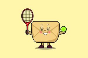 personagem de envelope de desenho animado bonito jogar campo de tênis vetor