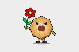personagem de biscoitos de desenho animado fofo segurando flor vermelha vetor