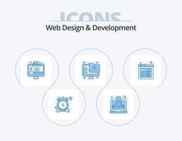 web design e desenvolvimento ícone azul pack 5 design de ícones. navegador. monitor. computador portátil. pasta. ferramenta de edição vetor