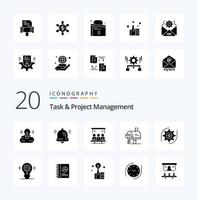 Pacote de ícones de glifo sólido de gerenciamento de 20 tarefas e projetos como tecnologia de notificação de caixa de correio vetor