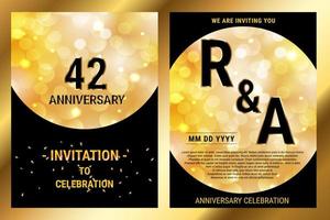 cartão duplo de convite de luxo de papel preto de aniversário de 42 anos. brochura de comemoração de aniversário de casamento. modelo de convite para imprimir fundo preto e dourado vetor