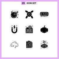 grupo de 9 sinais e símbolos de glifos sólidos para interface de dispositivo de ímã de conscientização criativo elementos de design de vetores editáveis