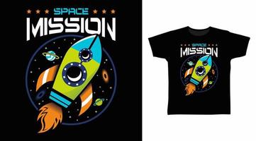 projetos de conceito de camisetas de desenhos animados de foguetes de missão espacial vetor