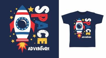 design de conceito de camisetas de desenhos animados de aventura espacial vetor