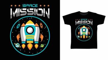 design de conceito de camisetas de desenho animado de foguete de missão espacial vetor