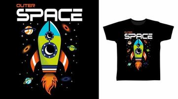 design de conceito de camisetas de desenho animado de foguete espacial vetor