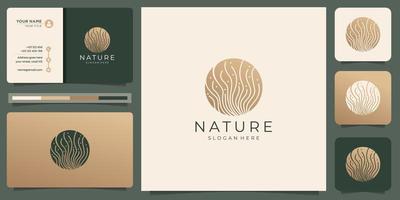 logotipo de natureza abstrata criativa com design linear em forma de círculo, dourado e modelo de cartão de visita. vetor