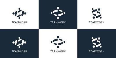 conjunto de logotipo de grupo social de coleção. trabalho em equipe, comunidade, pessoas arredondadas e abstratas. vetor premium