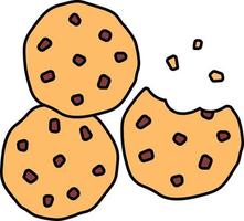biscoitos com gotas de chocolate de baunilha ilustração de elemento de ícone de sobremesa de três peças contorno colorido vetor