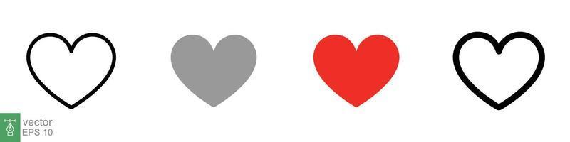 conjunto de ícones de coração. símbolo de amor em estilo plano, sólido e delineado. preto, coleção de forma de coração de amor vermelho, conceito romântico. projeto de ilustração vetorial isolado no fundo branco. eps 10. vetor