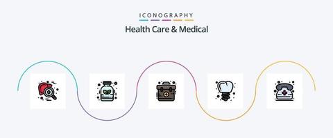 cuidados de saúde e linha médica cheia de 5 ícones planos, incluindo chamadas. dente. medicamento. parafuso. kit vetor