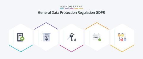 GDPR 25 Flat Icon Pack, incluindo segurança. gdpr. termos. calendário. RGPD vetor