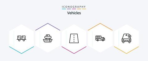 Pacote de ícones de 25 linhas de veículos, incluindo transporte. Entrega. transporte. rodovia. criativo vetor