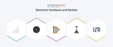 dispositivos 25 pacote de ícones planos, incluindo mídia. som. instrumento. música. balalaica vetor