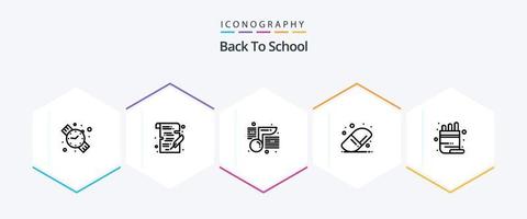 de volta ao pacote de ícones de 25 linhas da escola, incluindo lápis. cor. Nota. escola. Educação vetor