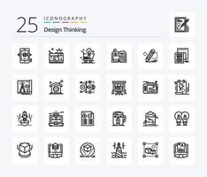 design thinking pacote de ícones de 25 linhas, incluindo tutorial. livro. foto. lâmpada elétrica. conectados vetor