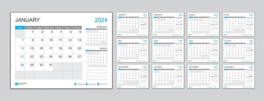 modelo de calendário mensal para o ano 2024, planejador 2024 ano, a semana começa no domingo. calendário de parede em estilo minimalista, modelo de calendário de mesa 2024, design de calendário de ano novo, vetor de modelo de negócios