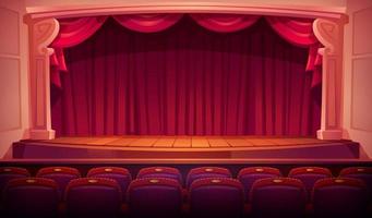palco de teatro com cortinas vermelhas, assentos de teatro
