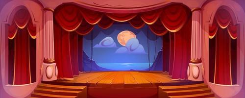 palco de teatro com cortinas vermelhas, colunas, pano de fundo