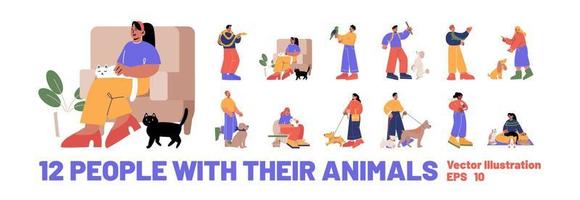 conjunto de pessoas com animais de estimação, personagens com animais vetor